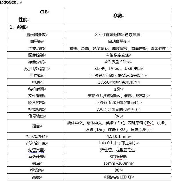 CIE便攜式汽修內窺鏡圖像控制、數據I/O接口、插入管外徑、長度等主要性能技術指標